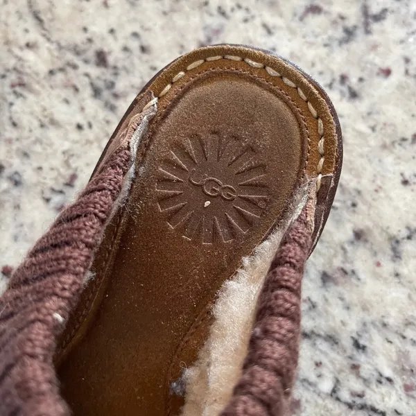 UGG 3085 Wedge Clogs Women 6 Brown Leather Knit Collar Gorpcore Sheepskin Mules - Image 5