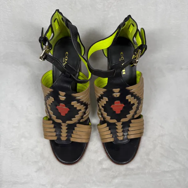 Coach Black Tan Neon‎ Woven Leather Block Heel Sandals Buckle Ankle Strap 7 - Image 5
