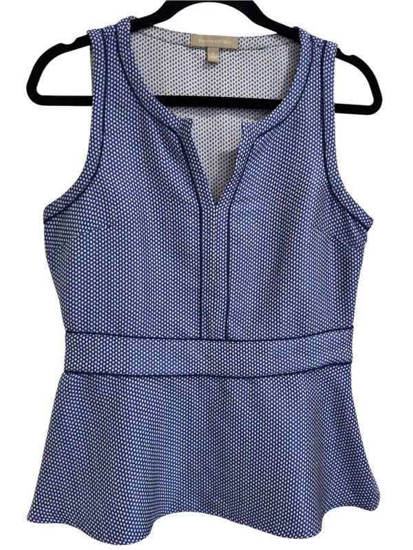 Banana Republic Peplum Top Blue White Geometric Notch Neck Sleeveless Size 8 - Image 2