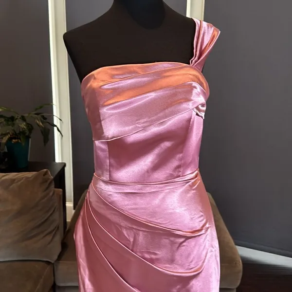 Women’s Pink One Shoulder Satin Dress Mermaid Fit Leg Slit Corset Size 8 *READ - Image 2