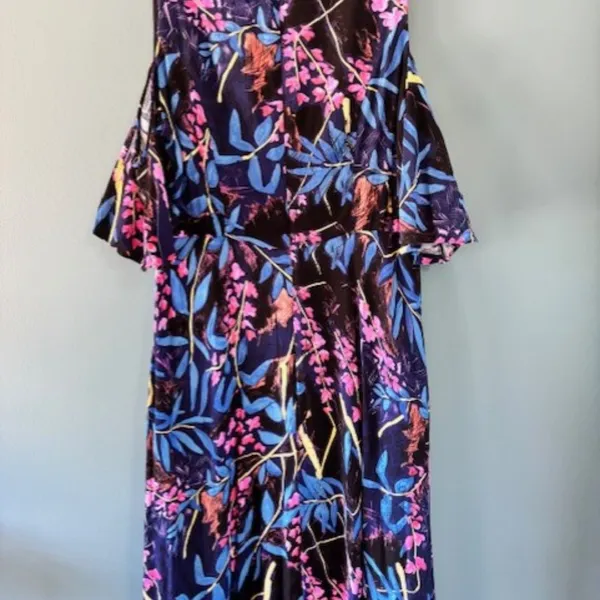 Anthropologie Maeve Elia Blue Pink Midi Floral Dress Size 10 Cold Shoulder - Image 4