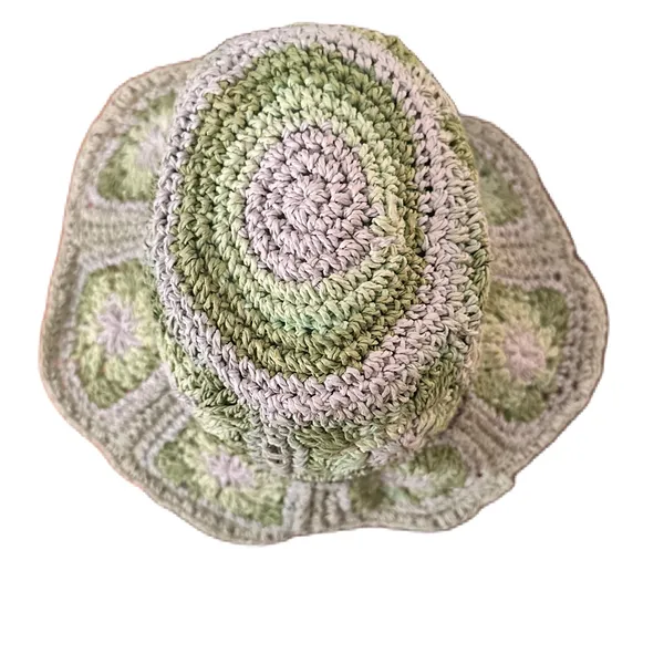 Steve Madden Crochet Granny Square Sun Hat Green Floral Boho Bucket Summer Hat - Image 7