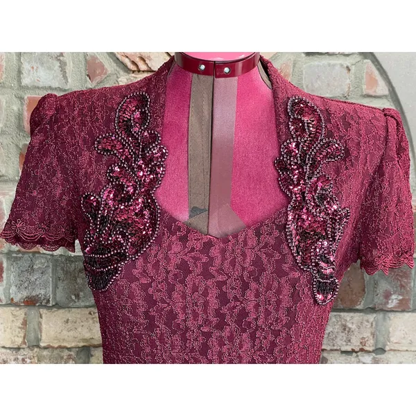 formal dress prom maroon wine red lace beaded fringe - Image 4