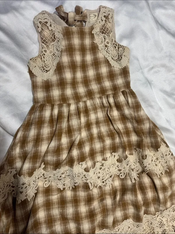 Mia joy Brown Plaid Dress with Cream Lace Yoke - Image 3