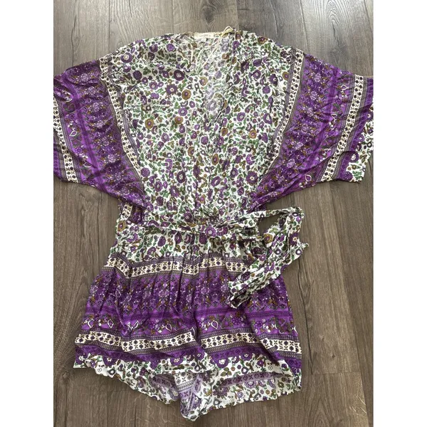 Umgee Womens 1XL Purple Floral Boho Kimono Sleeve Romper Surplice V-Neck - Image 2
