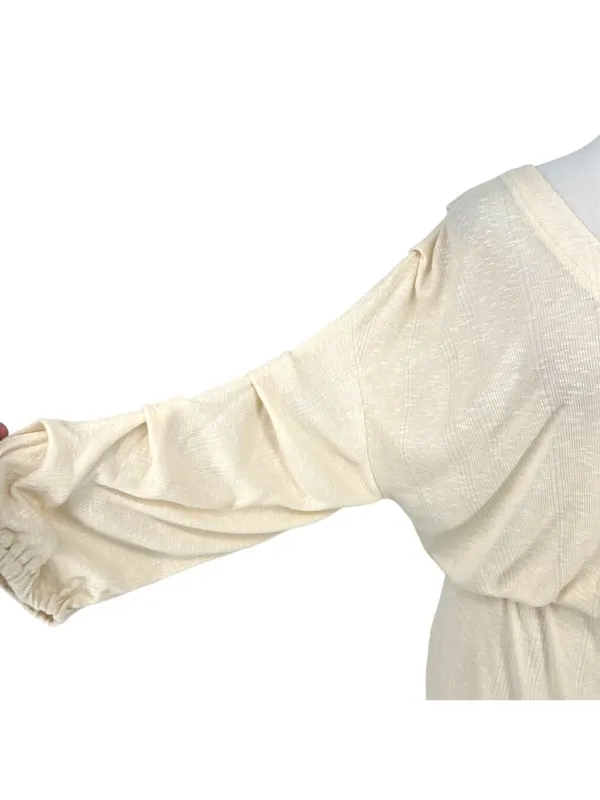 Free People Beach Bambi Mini Dress Ruched Sleeve V-Neck Ivory Cream Size Large - Image 3