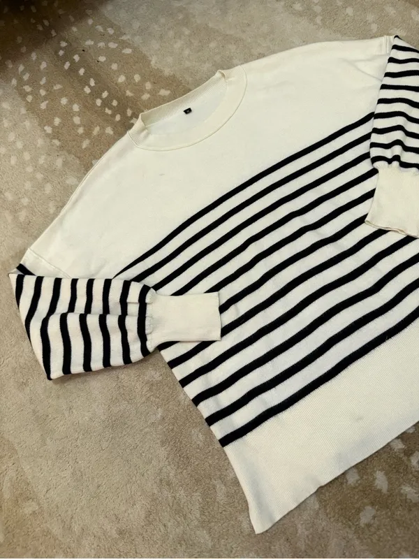 Black Ivory Striped Breton Knit Sweater Women’s M Oversized Crewneck - Image 4