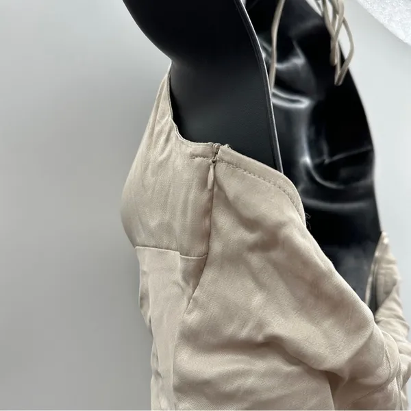 Zara Satin Ruched Beige‎ Halter Tie Shift Mini Slip Dress Size M NWT - Image 7