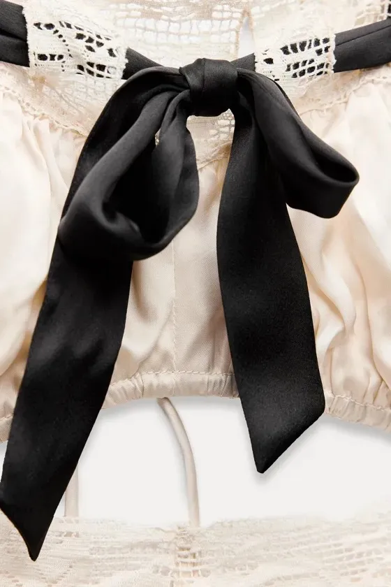 Zara dress lingerie style ivory black lace crochet ribbon tied satin effect maxi - Image 9