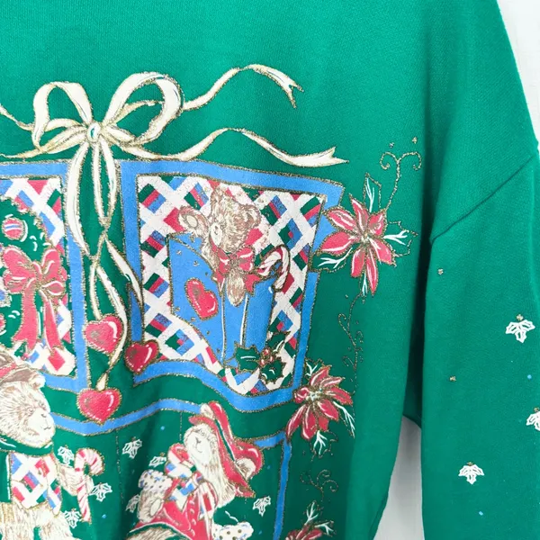 Vintage 90’s Christmas Teddy Bears Green Holiday Sweater w/ Glitter MD - AS IS - Image 4