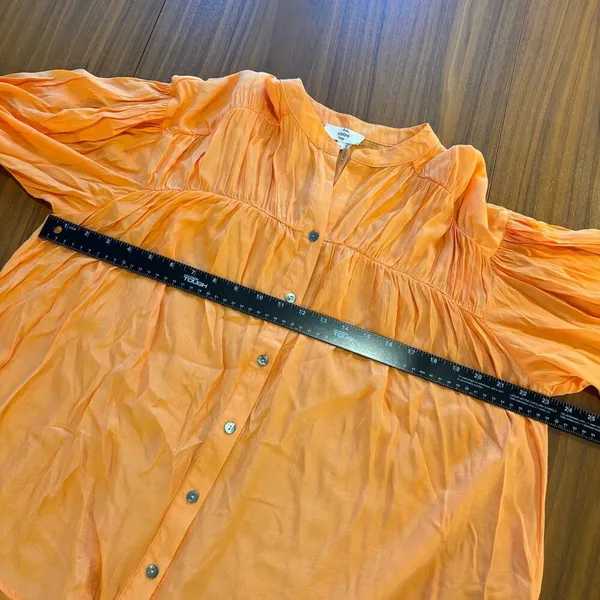 Entro Bright Apricot Orange Puff Sleeve Blouse Button Front Semi Sheer Size S - Image 6
