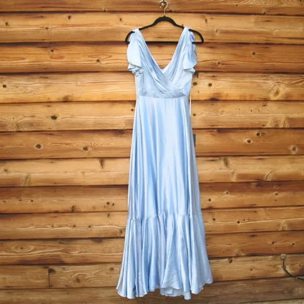 NWT Mac Duggal Blue FLOUNCE SLEEVE SATIN GOWN Missing Belt Size 2 - Image 8