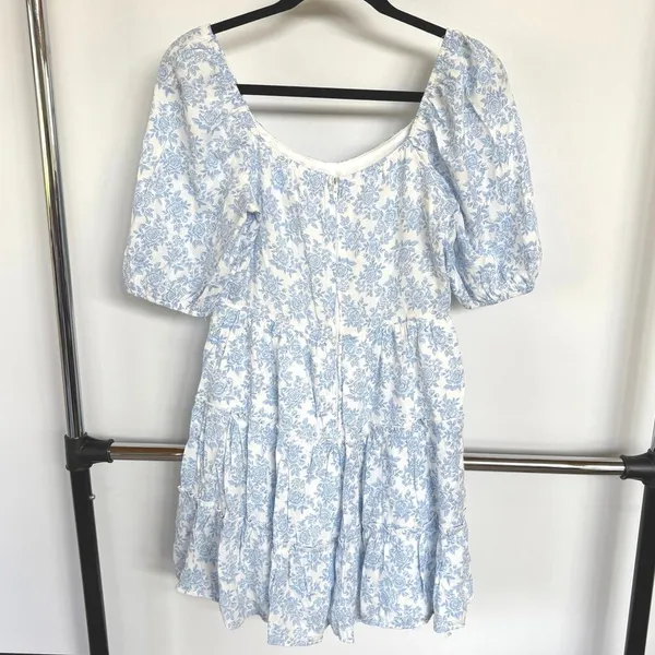 Altar’d State Brianna Blue Babydoll Milkmaid Prairie Tiered Mini Dress Medium - Image 5
