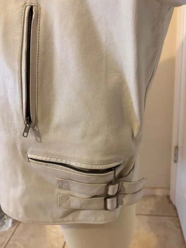 White Leather Moto Jacket with Asymmetric Zip - Image 2