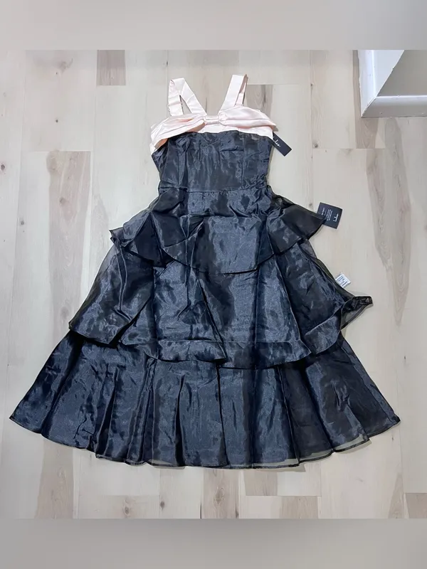 Lulus NWT Women Small Black Cream Satin Ruffle Tiered Midi Dress Balletcore Chic - Image 3