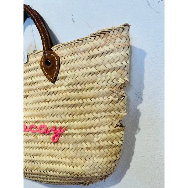 POOLSIDE Woven Straw Open Tote Pink “VACAY” Text Leather Handle Tote Purse - Image 6