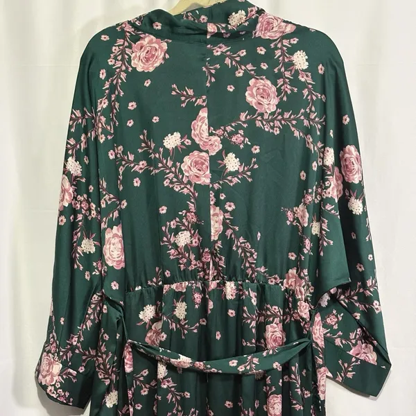 Eloquii Womens Satin Faux Wrap Dress Green Pink Floral Blossoms Kimono-Inspired - Image 11