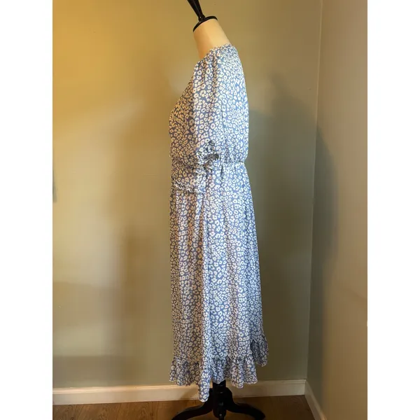 Blue White Floral Leopard boho Ruffle Midi Dress Puff Sleeve M y2k resort dainty - Image 3