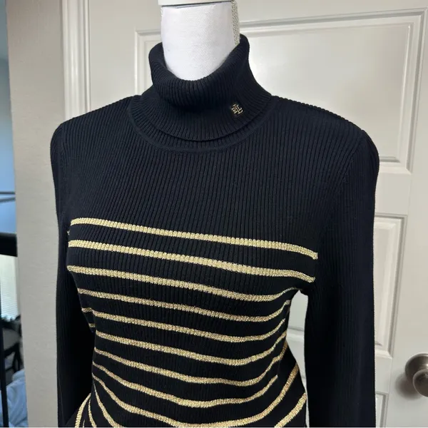 Lauren Ralph Lauren Y2K Gold Metallic Striped Classic Long Sleeve Sweater Large - Image 3