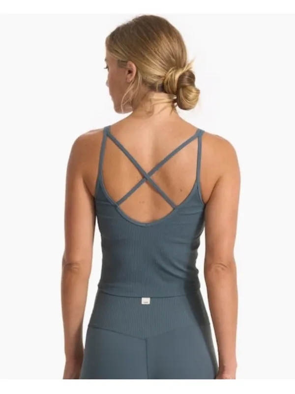 Vuori Rib Crop Tank Top In Stone Blue Star Embroidery Size Small - Image 2