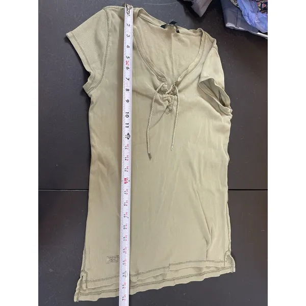 Ralph Lauren Y2K Ribbed Lace Up Top Womens L Sage Green Short Sleeve Grunge - Image 9