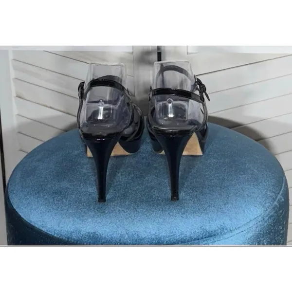 Stuart Weitzman Black Patent Leather Heels straps buckle closure platform Sz 10 - Image 4