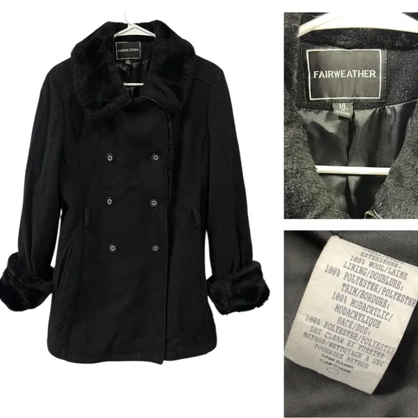Wool Vintage Fairweather pea coat faux fur trim Says 14 Fits Like Womens Medium - Image 2
