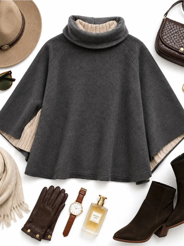 Synergy Organic Clothing Gray 100% Wool Cape Poncho Funnel Neck Small Minimalist - Image 16