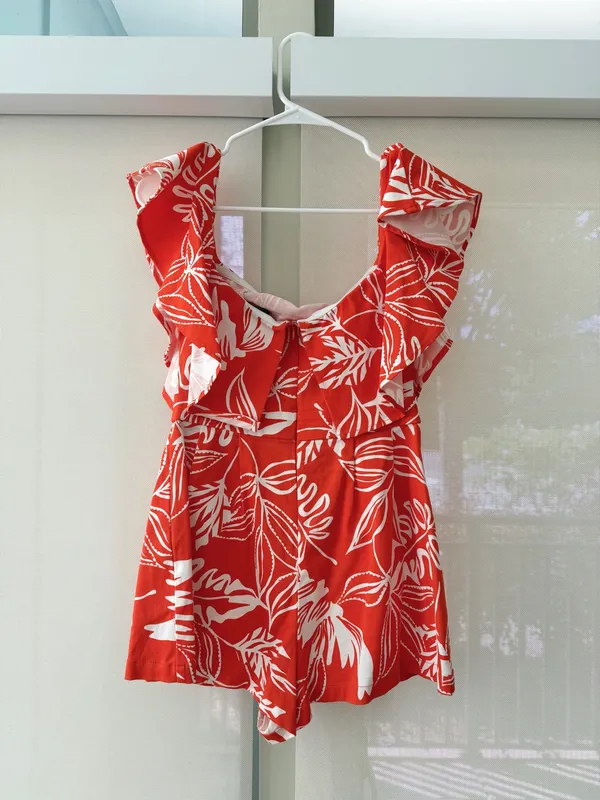 These Three Boutique Flying Tomato Orange Tropical Print Romper - Image 2