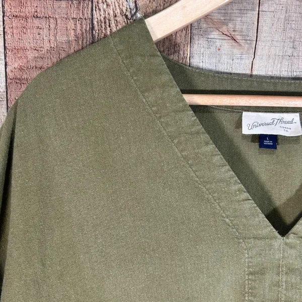 Universal Threads Olive Green Linen Blend V-Neck Babydoll Mini Dress Pockets L - Image 5
