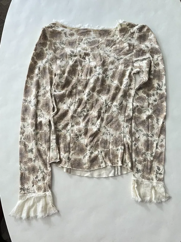 Jaya Vintage VTG Cotton Floral Cream Cottagecore Prairie 90s Lace Up Bell Top S - Image 6