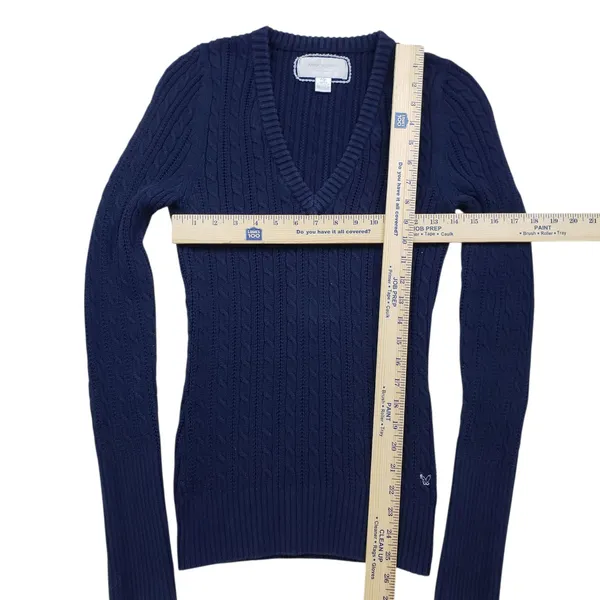 Vintage American Eagle Cable Knit Sweater Large Blue V Neck Preppy Y2K - Image 7