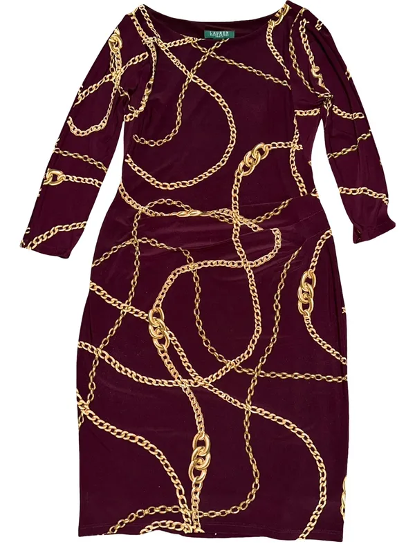 Lauren Ralph Lauren Women’s Size 6 Burgundy Gold Chain Link Print Sheath Dress - Image 2