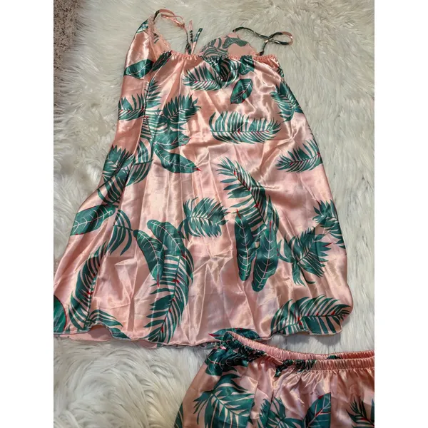 Women's Sz Medium Pajama Set Sleeveless Light Pink Green Palm Print Satin V-Neck - Image 5