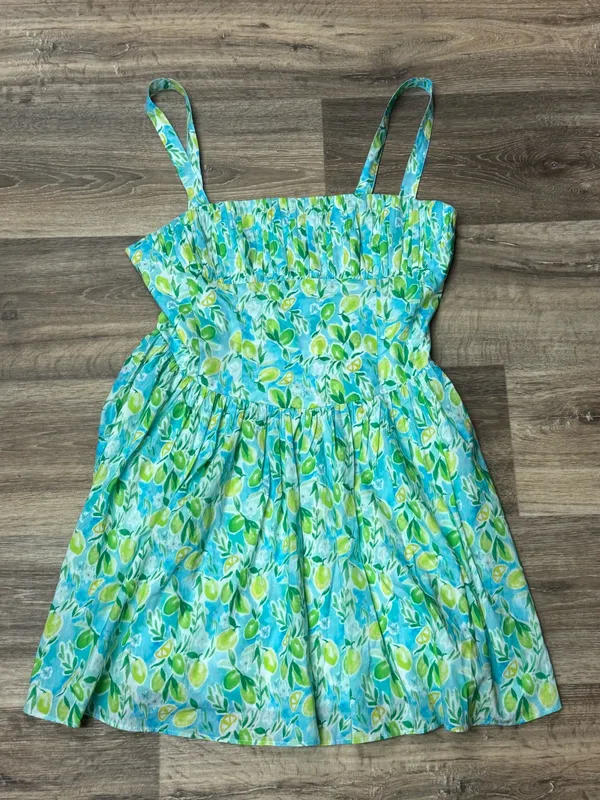 ASTR The Label Ruched Bodice Cotton Aqua Lime Print Dress Women’s Large - Image 2