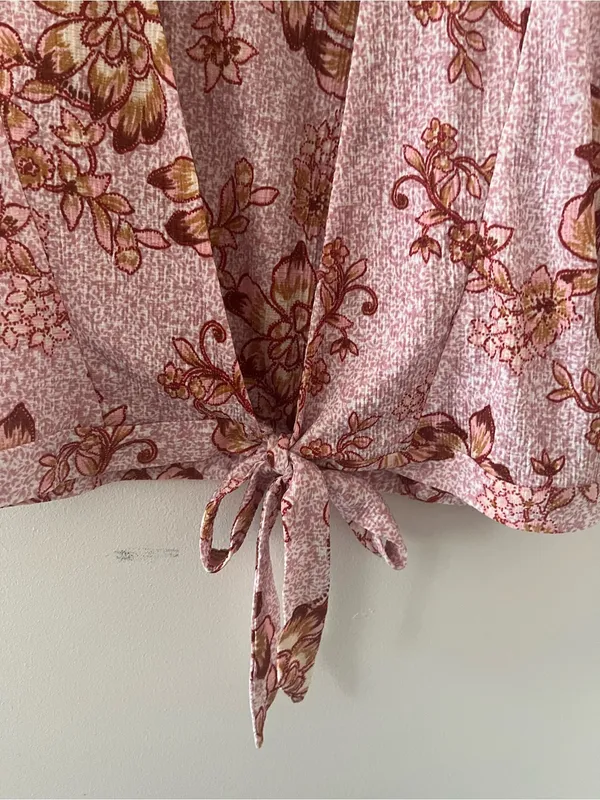 Pink Floral Wrap Front Kimono Sleeve Top Large Resort Vacation Tropical Blouse - Image 4