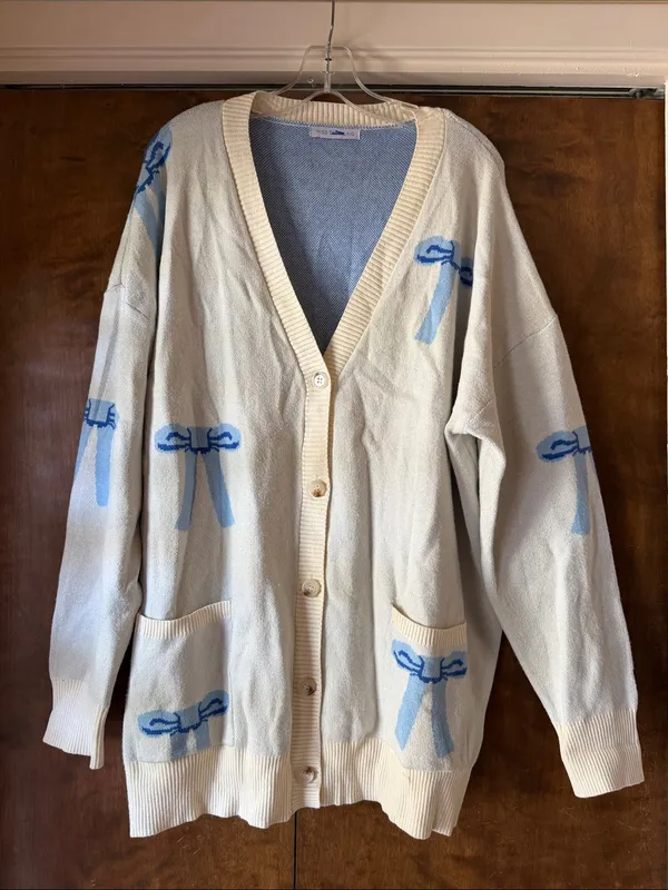 Miss Sparkling Ivory Blue Bow Cardigan Oversized V Neck Knit. Size L - Image 2