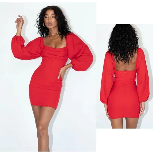 Princess Polly Lillie mini dress bubble sleeve red festive holiday women’s‎ 4 - Image 2