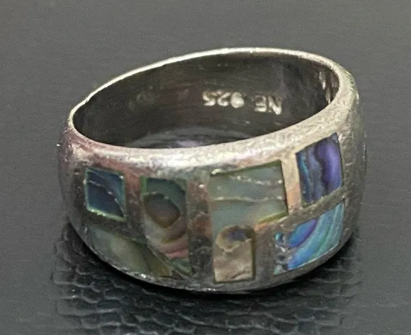 Vintage NE 925 Signed Sterling Silver Abalone Inlay Ring Band Size 6.5 5.9g - Image 7