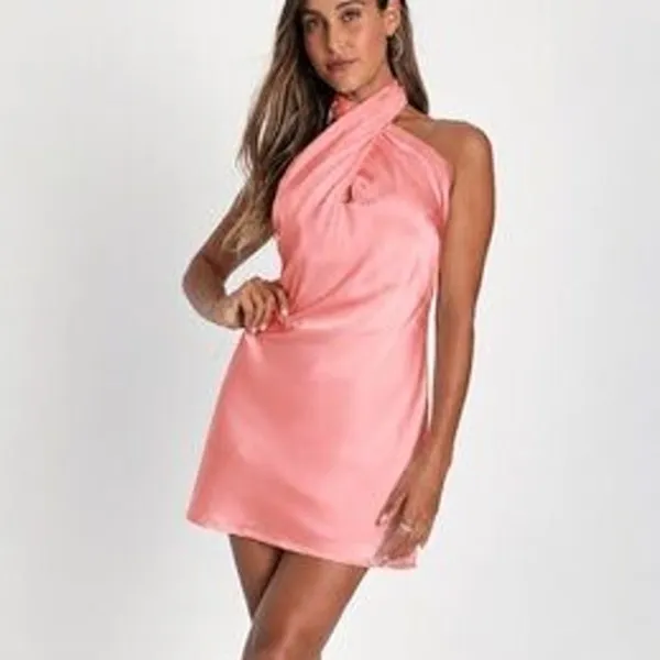 NEW Lulus Coral Pink Beyond Classy Sleek Satin Halter Open Back Chic Mini Dress - Image 6