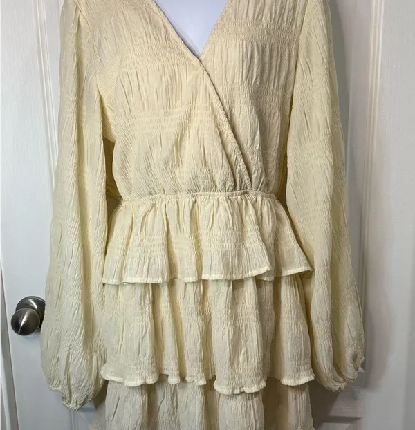 Vici Cream Ruffled Wrap Sundress with Bishop Sleeves - Image 2
