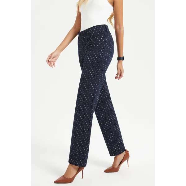 Betabrand Dress Pant Yoga Pants Navy‎ Blue Dash Print Straight Leg Size M Long - Image 2