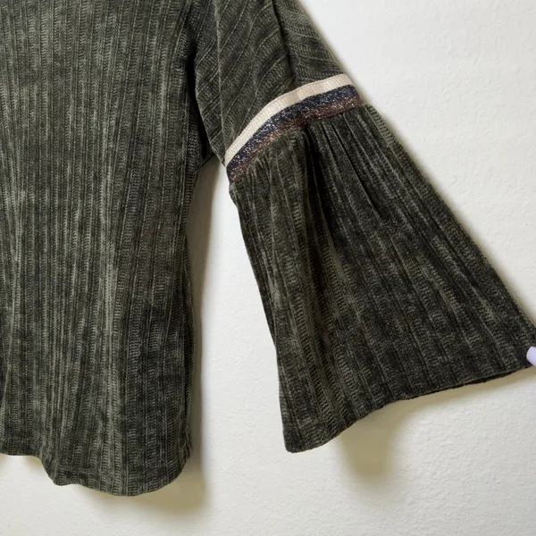 THML Women Chenile Knit‎ Sweater XS Green Boho Western Ribbed Bell Sleeve Preppy - Image 4