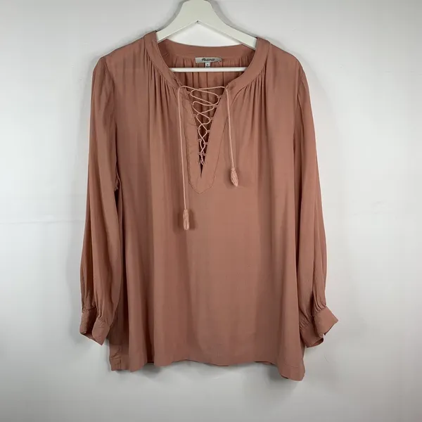 Madewell Size M Blouse‎ Lace Up Front Detail Long Sleeve Dusty Rose Top Women - Image 5