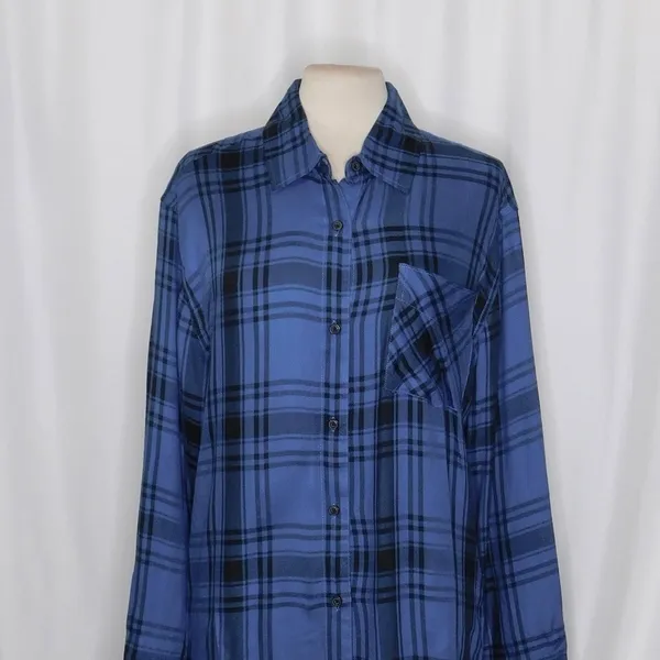 NWT!! WEWOREWHAT Boyfriend Shirt Plaid Navy Blue Collared Oversized Small Medium - Image 3