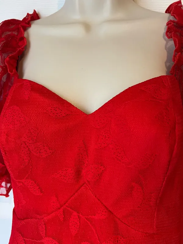 SBetro Plus 1XL Red Lace Overlay Puff Sleeve Sweetheart Mini Dress Coquette NWT - Image 7