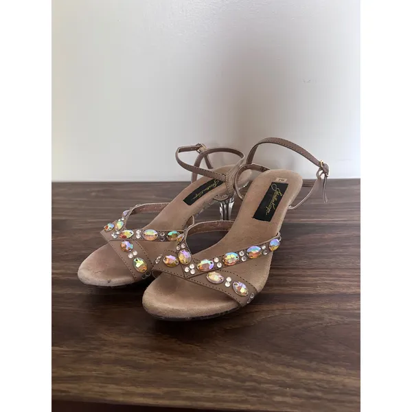 Johnathan Kayne Tan AB Crystal Lucite Kitten Heel Strappy Sandals 34228 7M - Image 6
