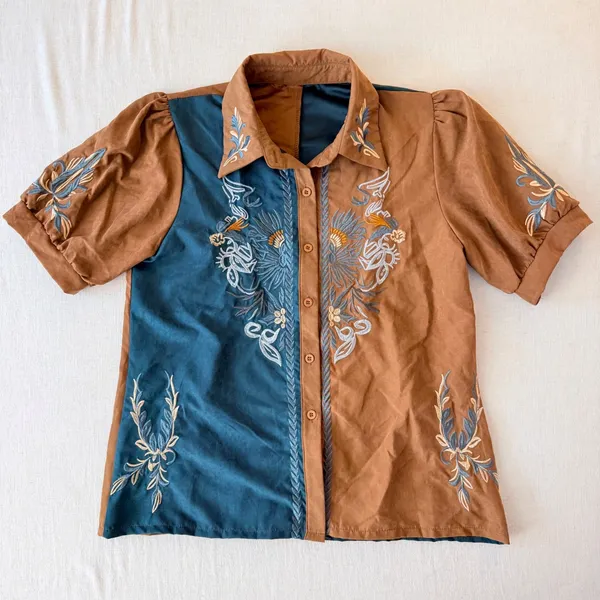 Embroidered Western Blouse Small Brown Teal Puff Sleeve Boho Cowgirl Shirt - Image 2