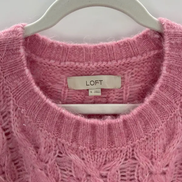 LOFT Pink Cable‎ Open Knit Crew Neck Sweater Womens XL Wool Blend Lightweight - Image 3