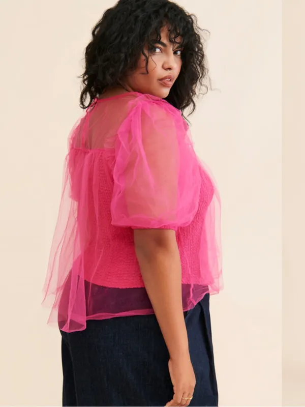 Anthropologie Sheer Mesh Tulle Puff Sleeve Blouse Top Hot Pink XL - Image 2